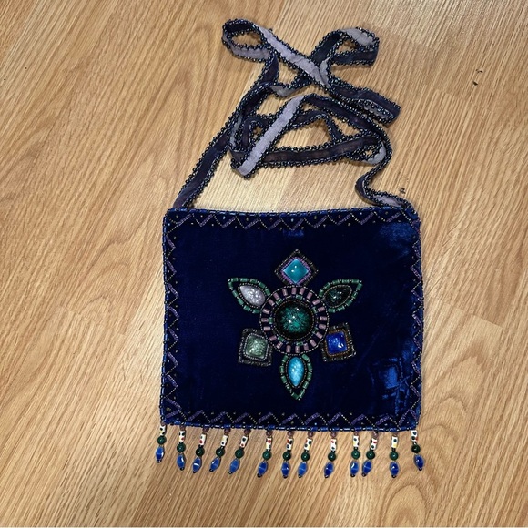 BOHO Velvet Beaded Purse Pouch Blue Silk Stones Ornate Fringe & Strap - Picture 1 of 7